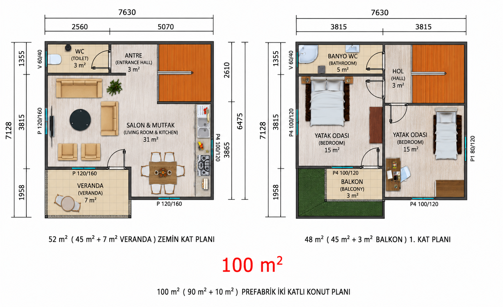 100 m² İki Katlı Prefabrik Ev - Proje