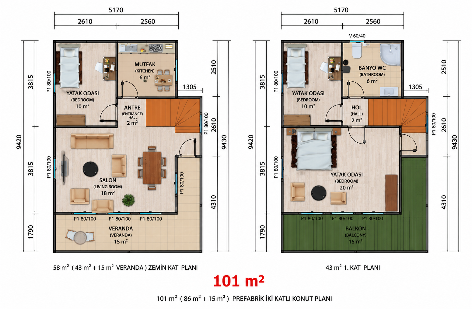 101 m² İki Katlı Prefabrik Ev - Proje