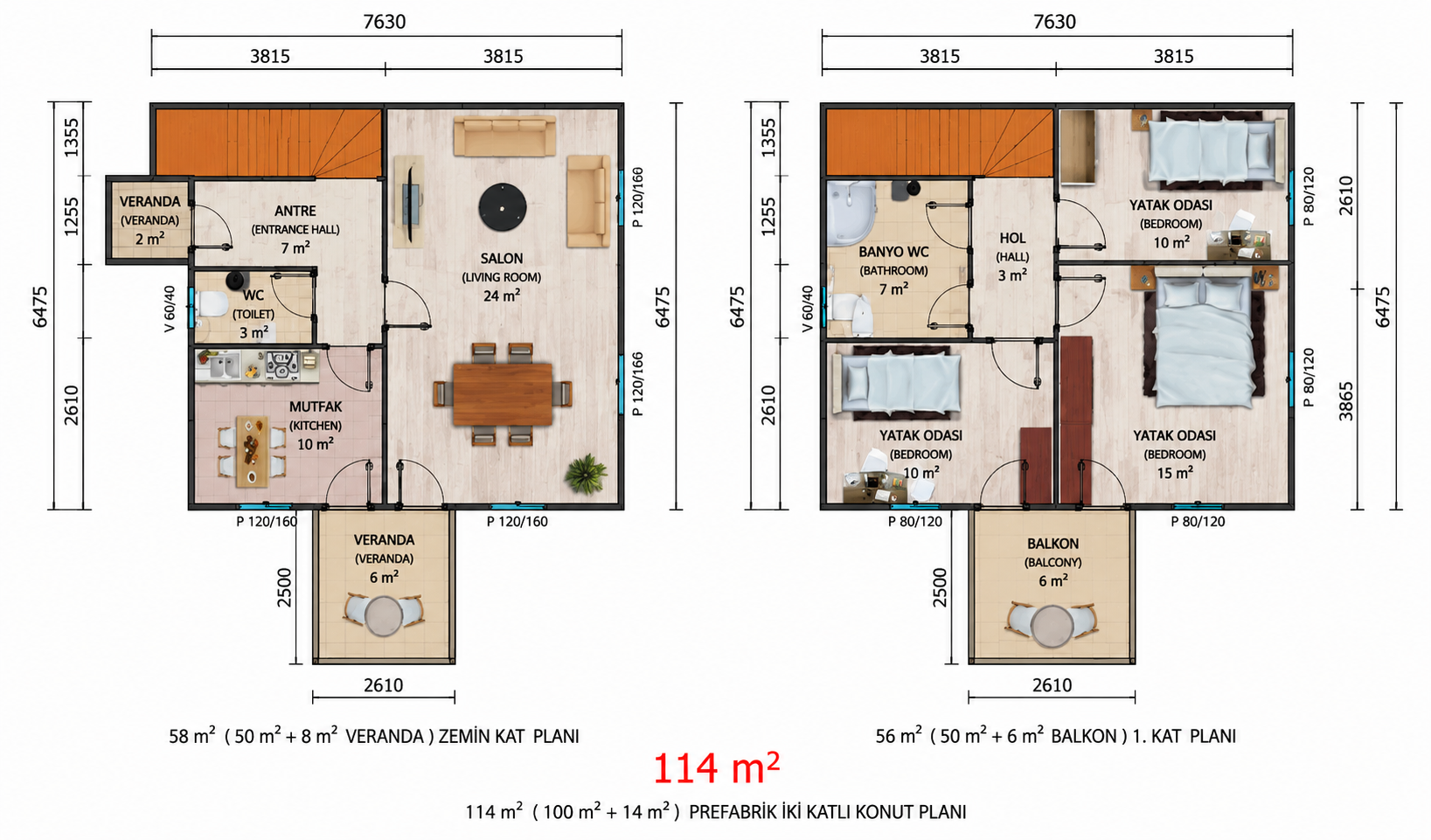 114 m² İki Katlı Prefabrik Ev - Proje