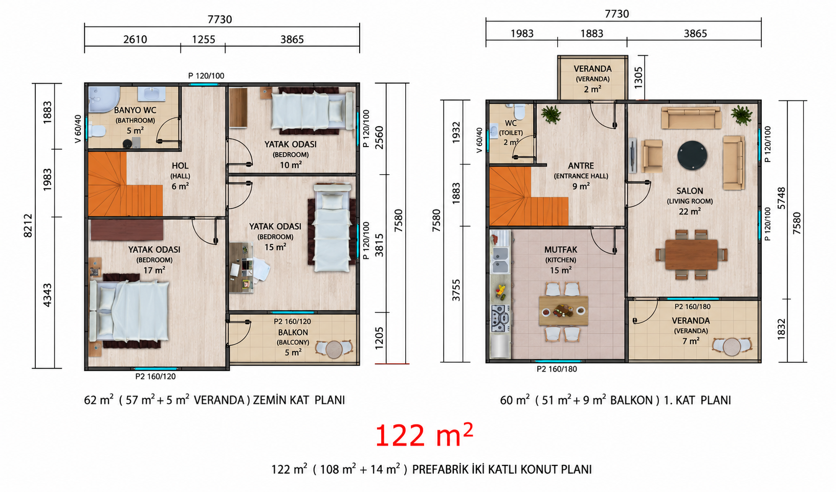 122 m² İki Katlı Prefabrik Ev - Proje