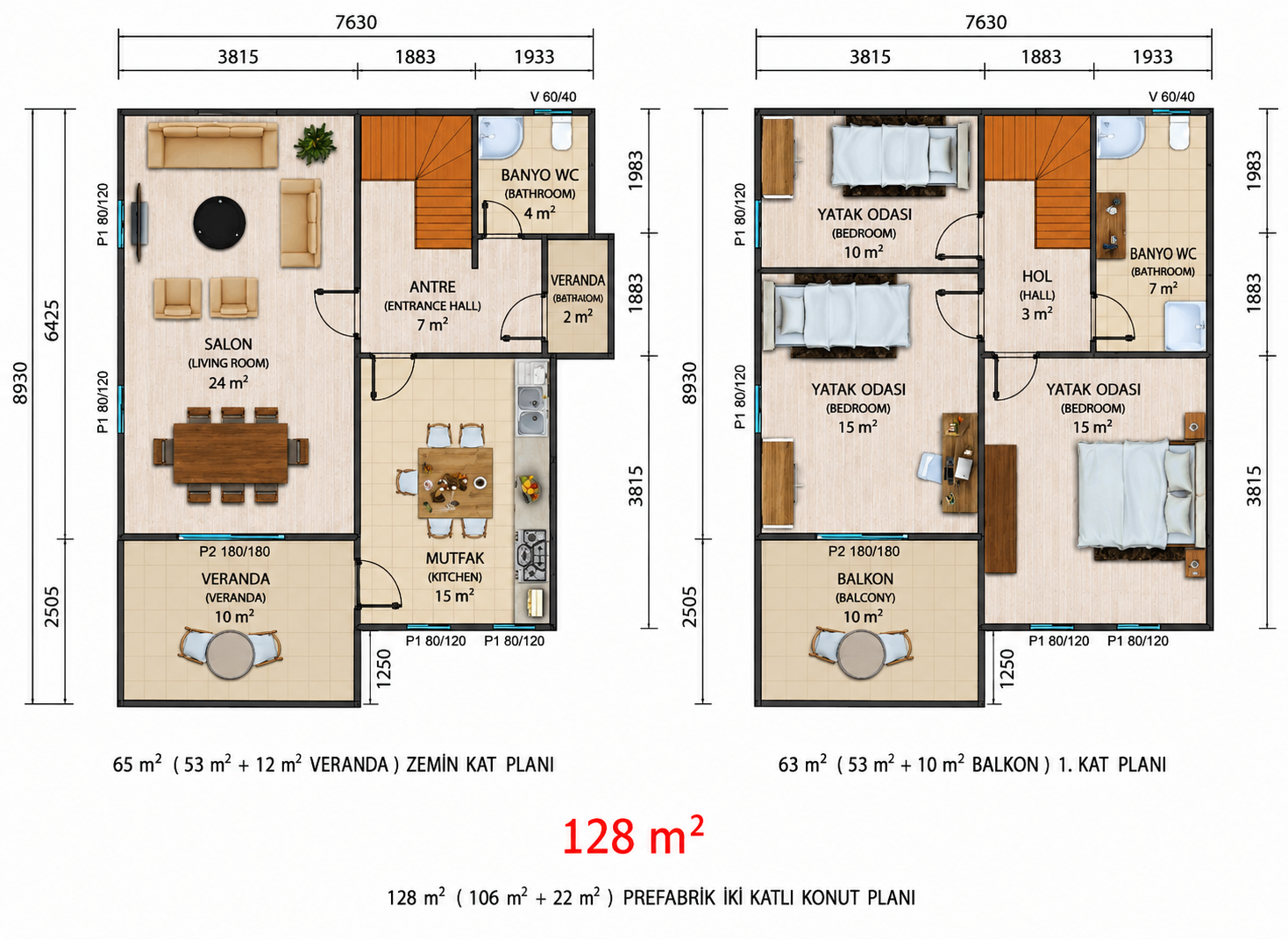 128 m² İki Katlı Prefabrik Ev - Proje