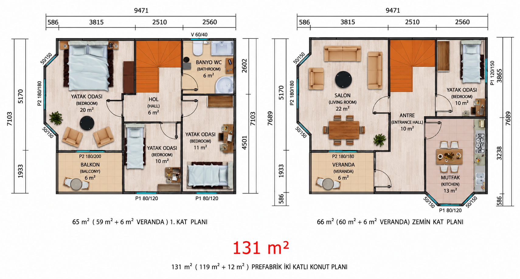 131 m² İki Katlı Prefabrik Ev - Proje