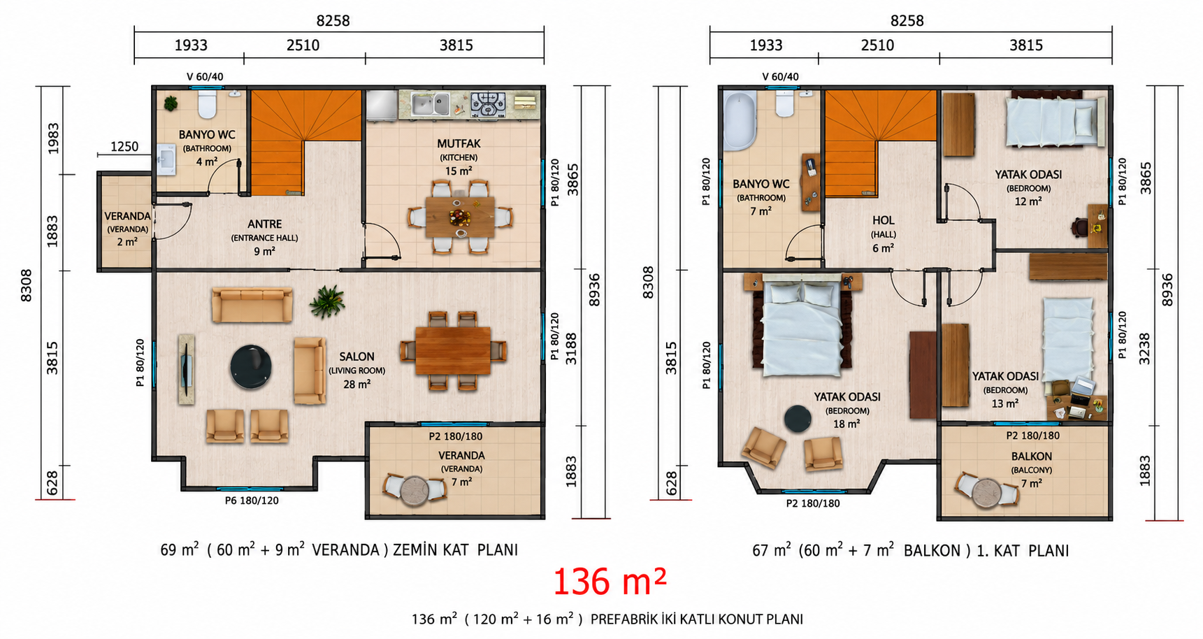 136 m² İki Katlı Prefabrik Ev - Proje