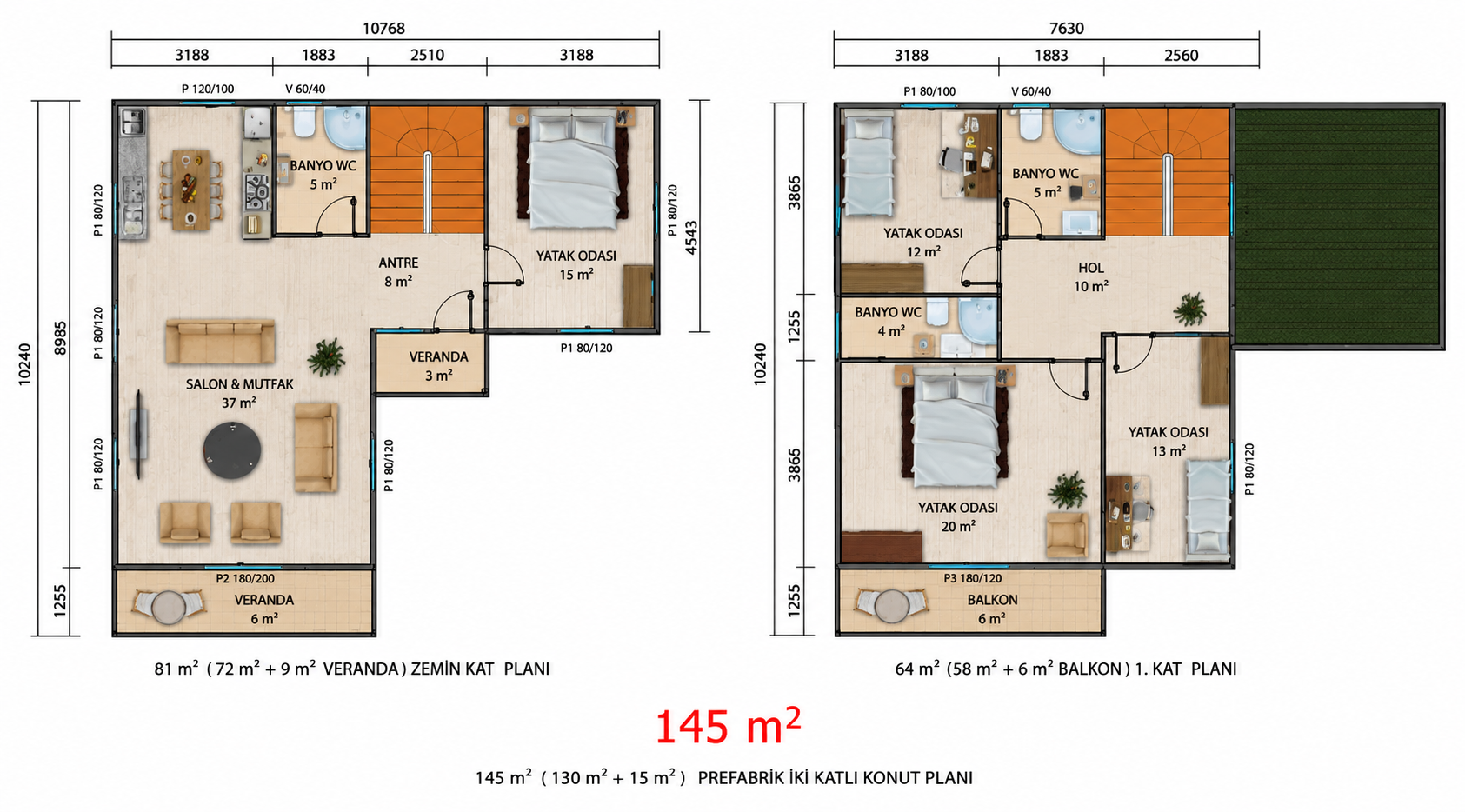 145 m² İki Katlı Prefabrik Ev - Proje