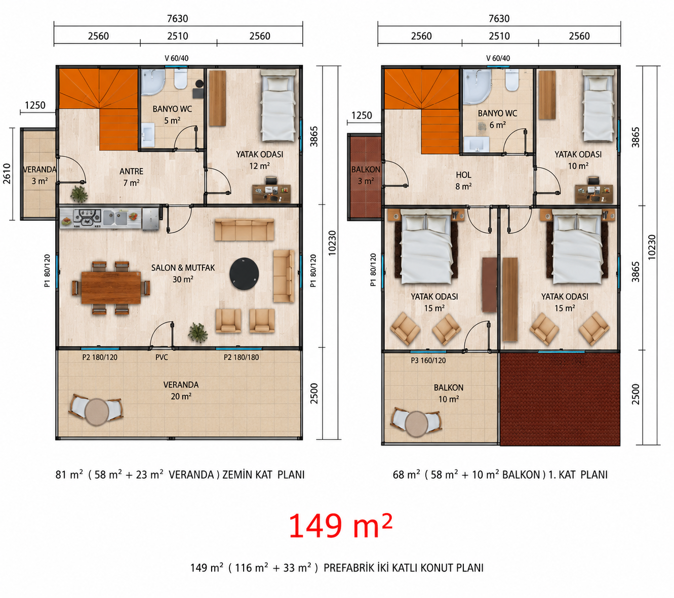 149 m² İki Katlı Prefabrik Ev - Proje