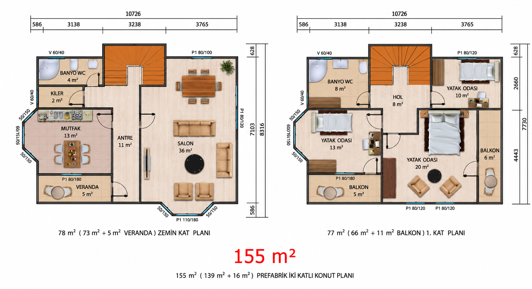155 m² İki Katlı Prefabrik Ev - Proje