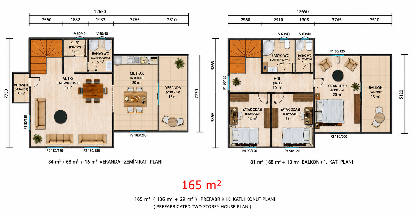 165 m² İki Katlı Prefabrik Ev - Proje