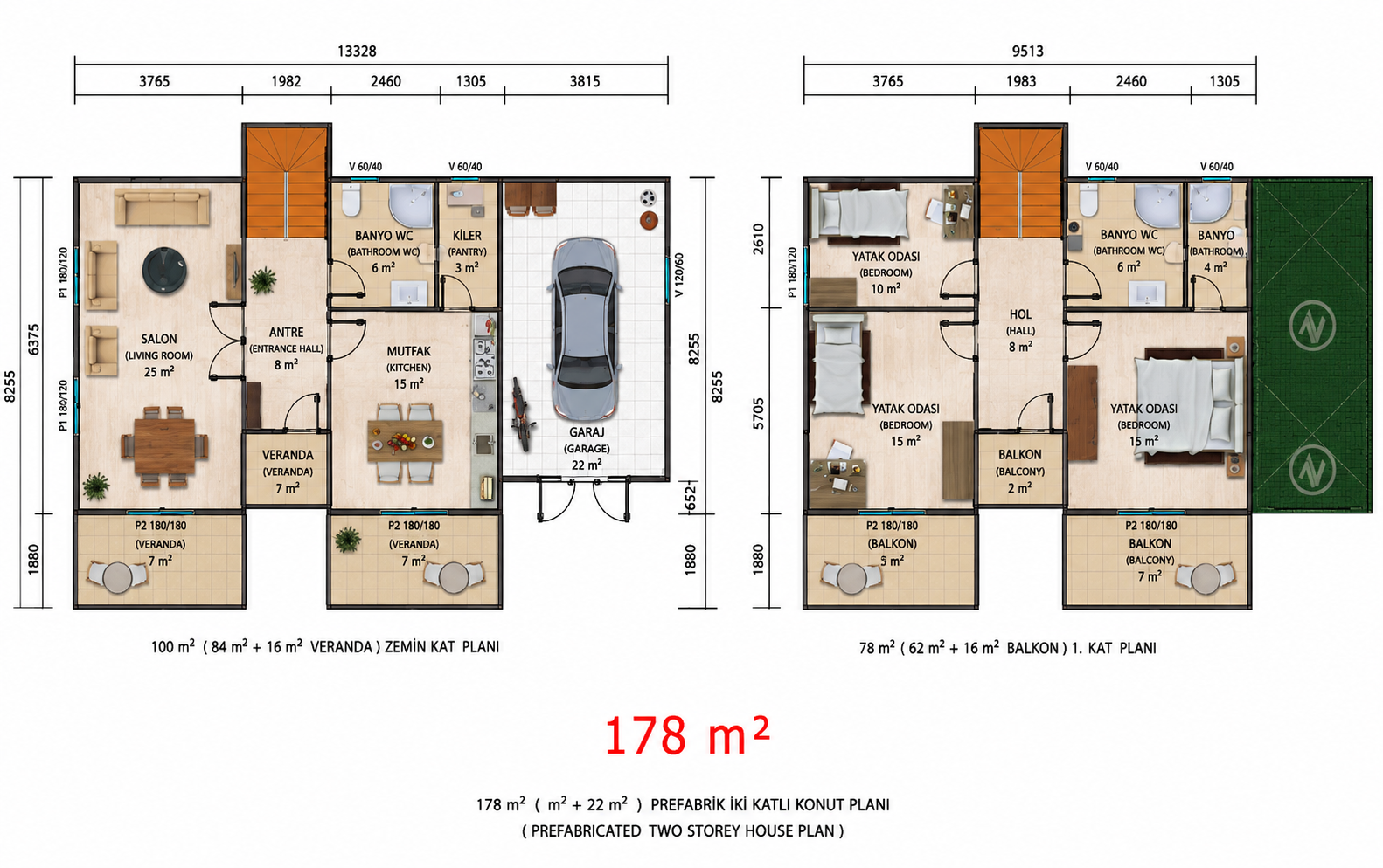 178 m² İki Katlı Prefabrik Ev - Proje
