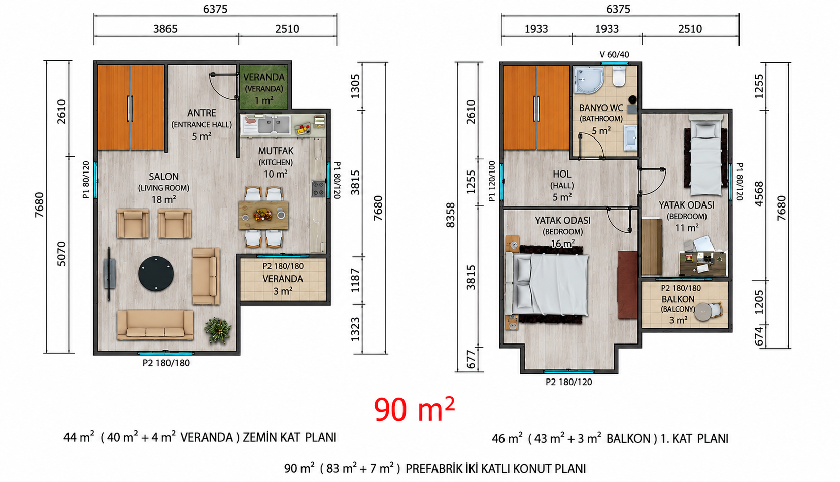 90 m² İki Katlı Prefabrik Ev - Proje