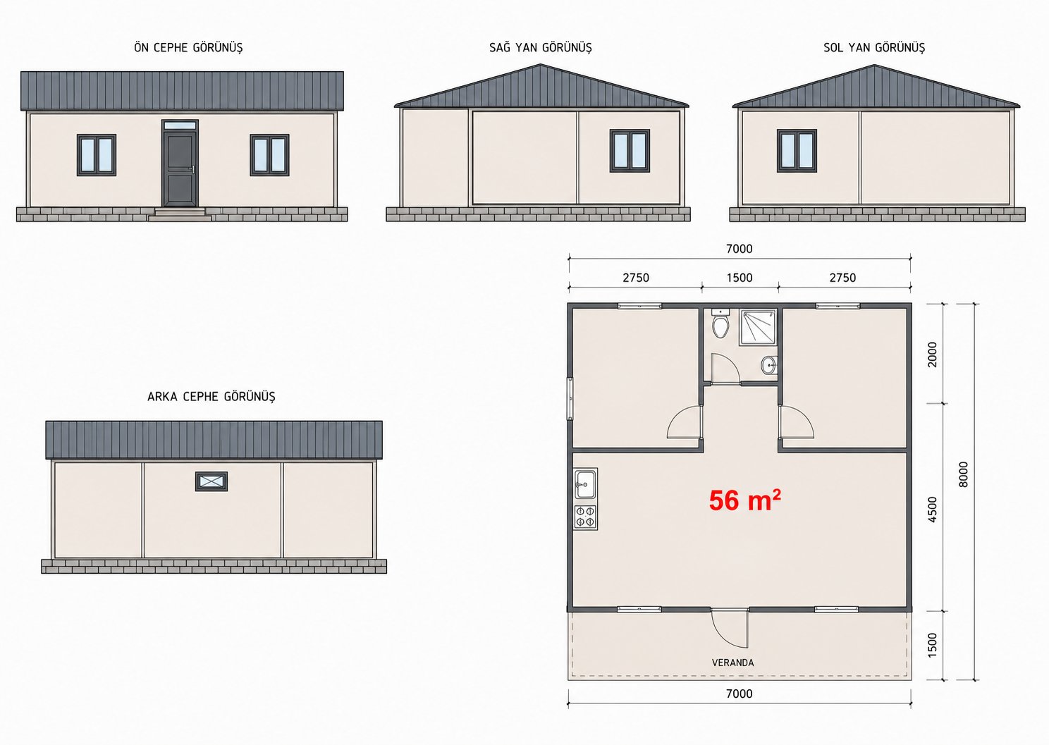 56 m² Konteyner Ev - Proje