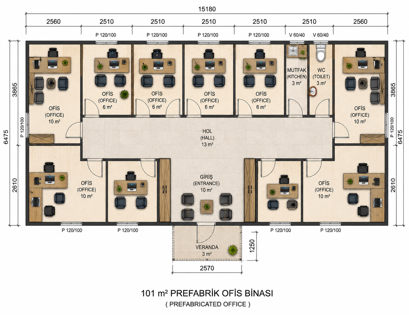 101 m² Prefabrik Ofis - Proje