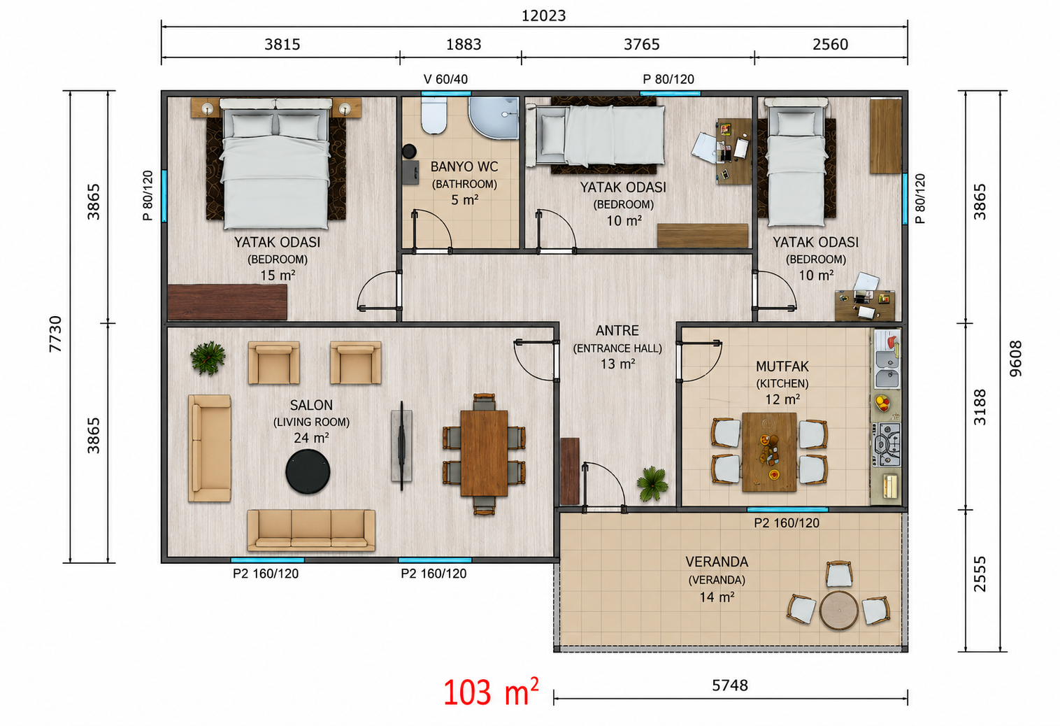 103 m² Prefabrik Ev - Proje