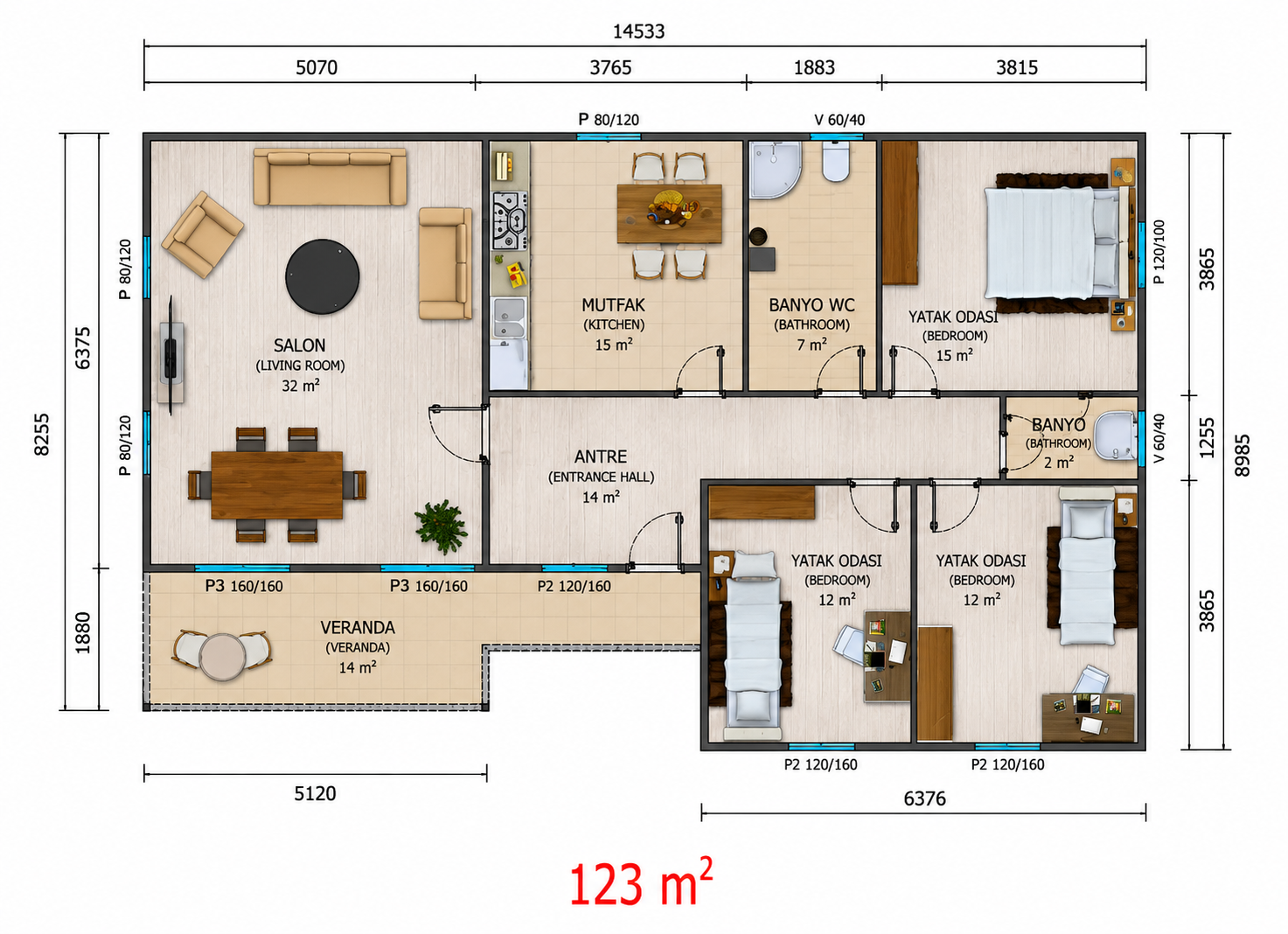 123 m² Prefabrik Ev - Proje