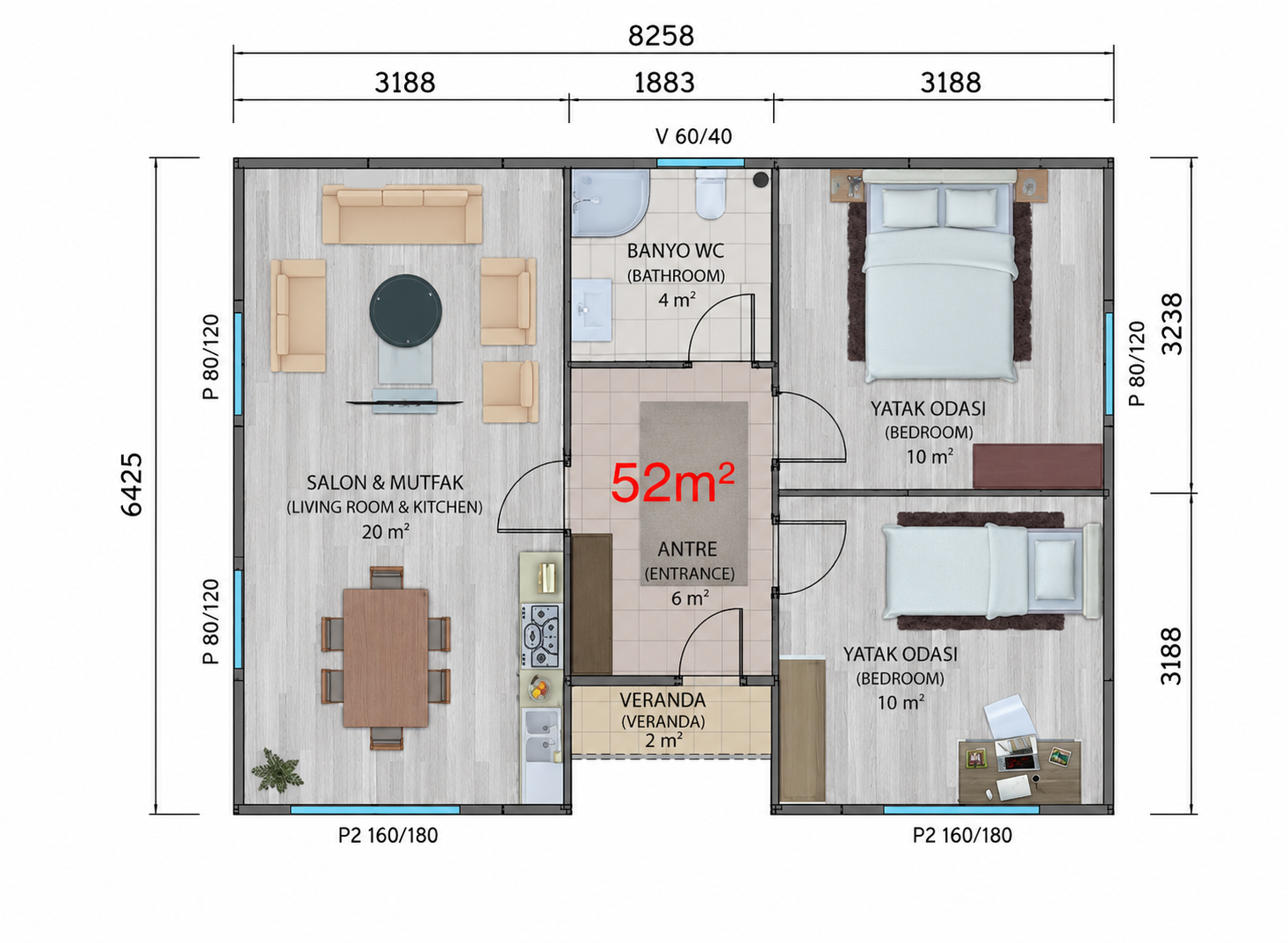 52 m² Prefabrik Ev - Proje