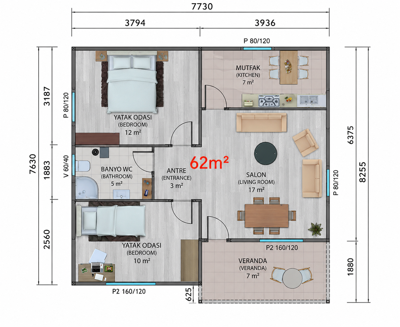 62 m² Prefabrik Ev - Proje