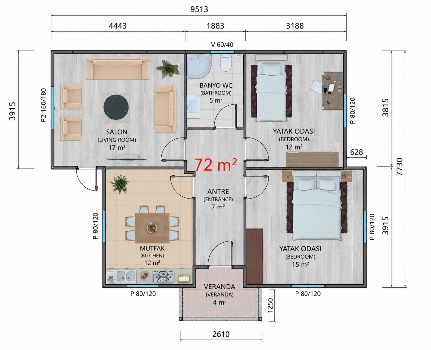 72 m² Prefabrik Ev - Proje