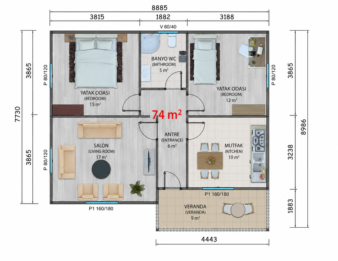 74 m² Prefabrik Ev - Proje