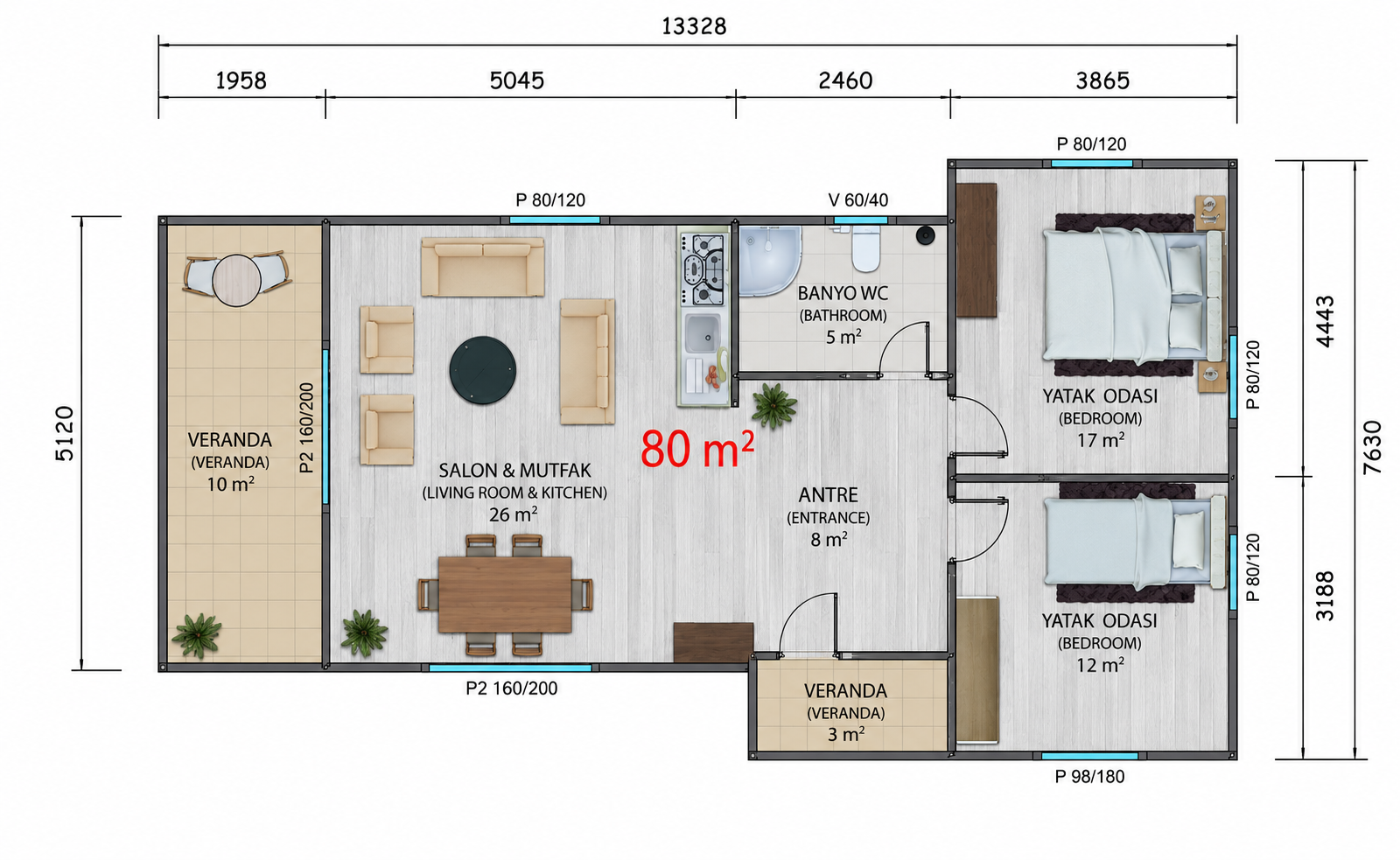 80 m² Prefabrik Ev - Proje
