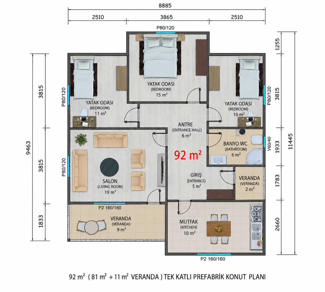 92 m² Prefabrik Ev - Proje