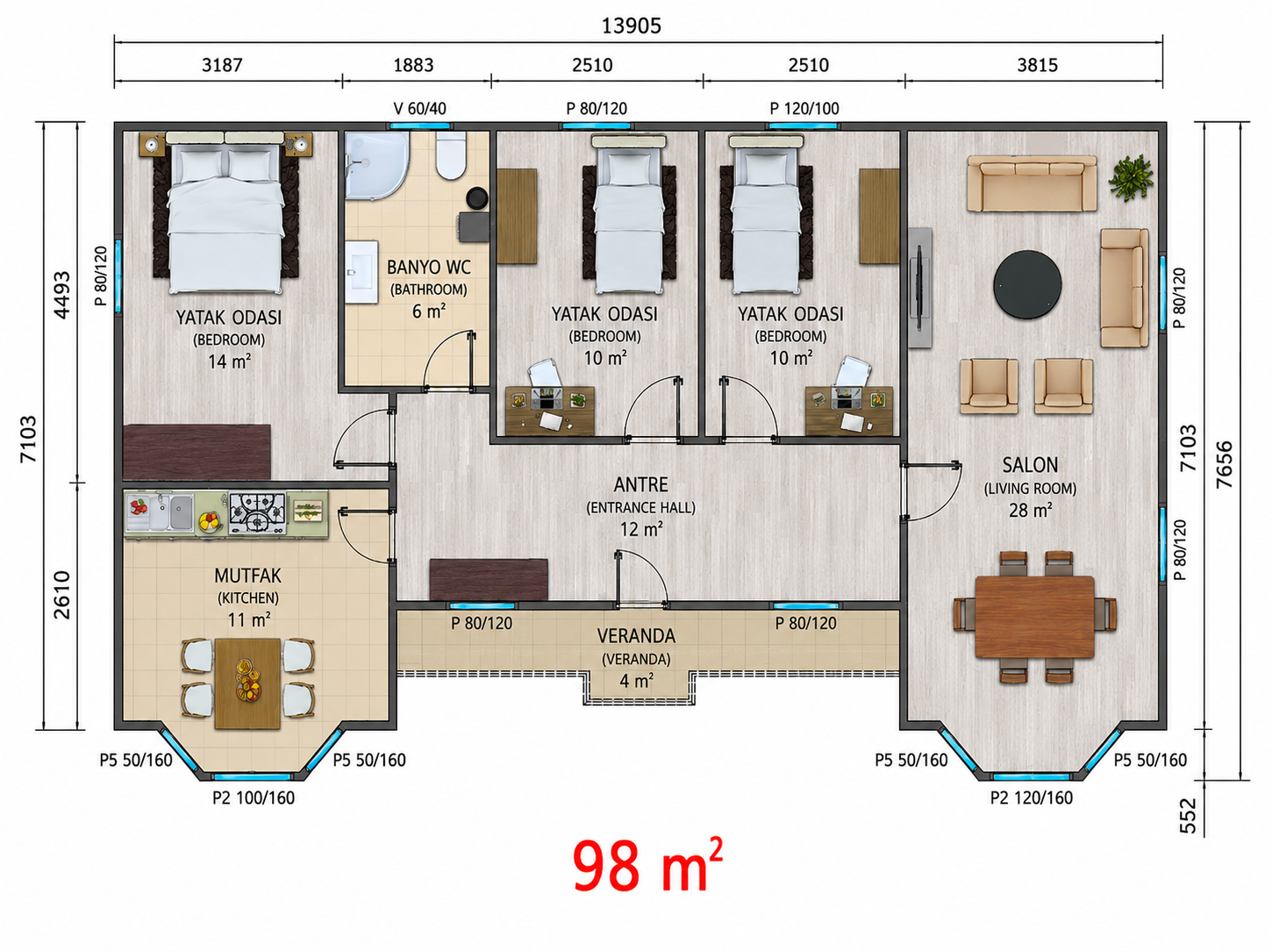 98 m² Prefabrik Ev - Proje