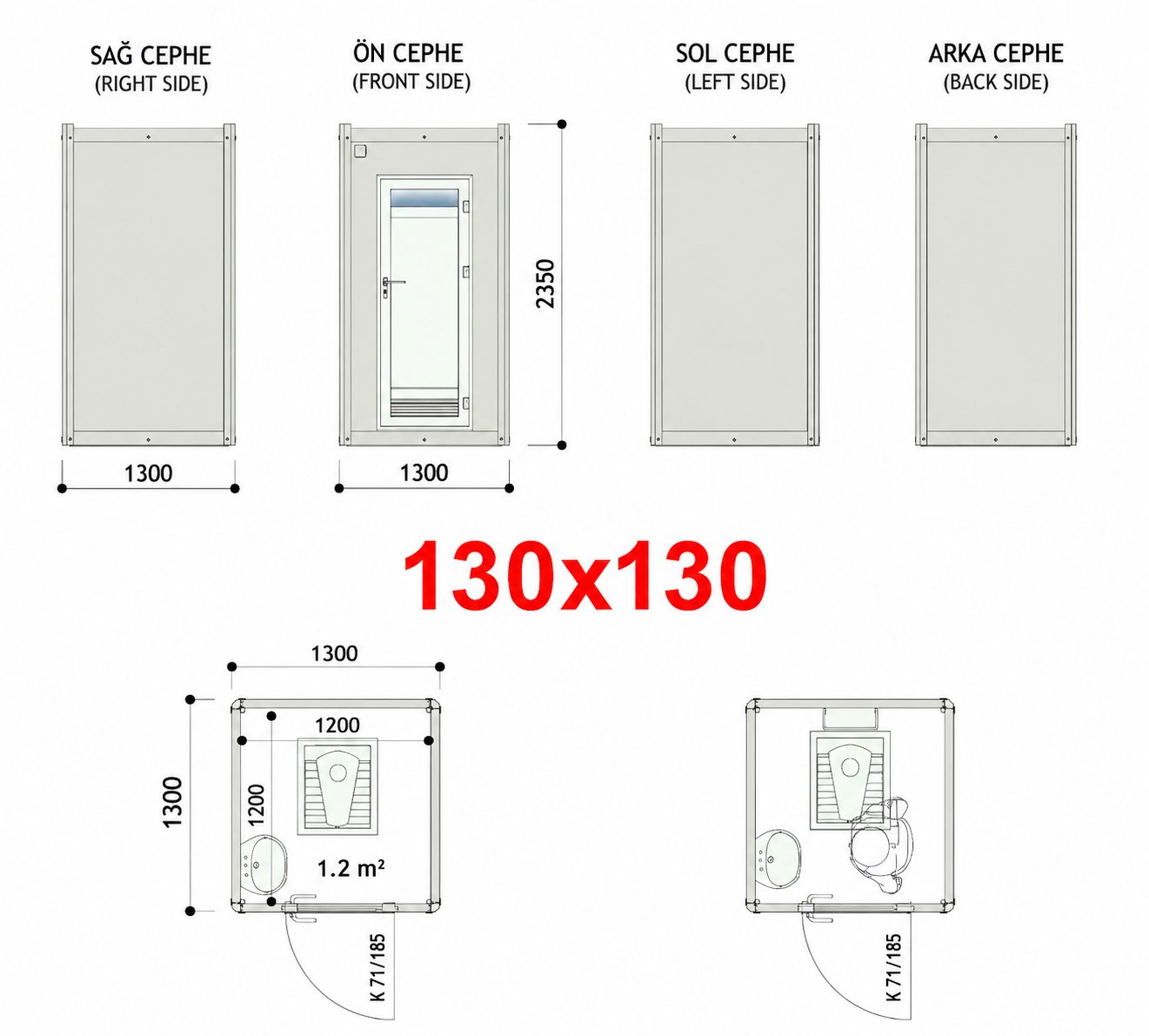 130x130 WC Panel Kabin - Proje