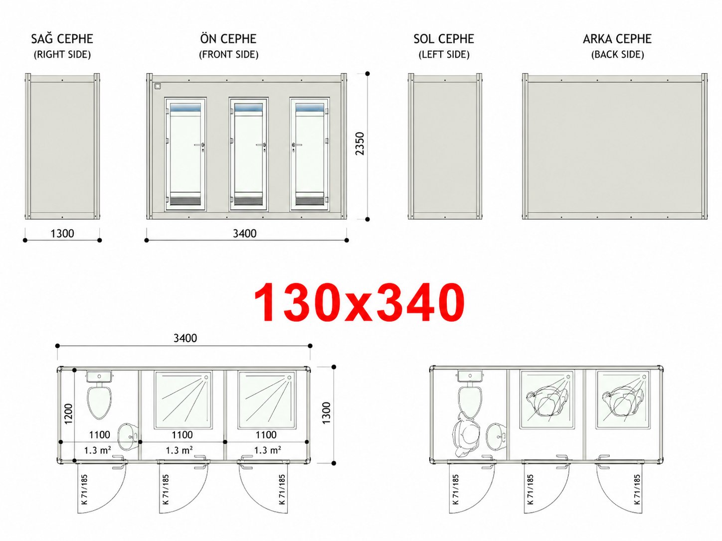 130x340 WC Panel Kabin - Proje