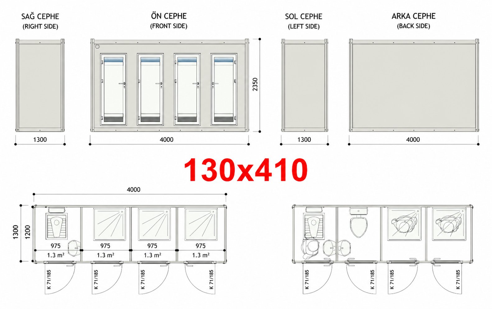 130x410 WC+Duş Panel Kabin - Proje