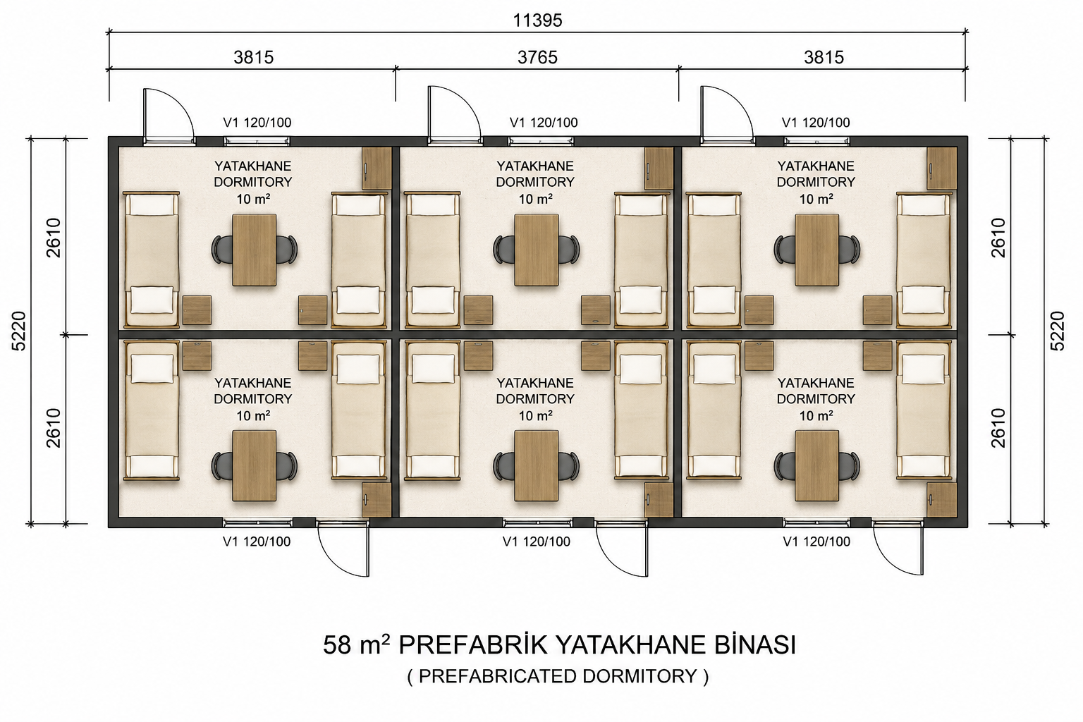 58 m² Prefabrik Yatakhane - Proje